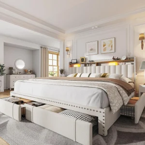 King Size Bed Frame with 4 Storage Drawers, with 2-Tier Shelves,