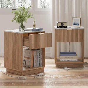 Nightstand with Charging Station Set of 2, 18" Bedside Table Color Top
