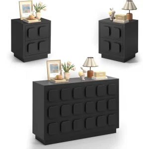3 Pcs Bedroom Sets, Large 6 Drawer Dresser and 2 Drawers Night Stand