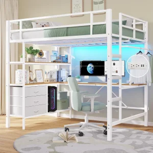 Full Size Loft Bed with L-Shaped Desk, LED Lights and Charging Station Full Metal Loft Bed Frame with 3 Storage Shelves