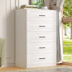 5 Drawer White Dresser, with Deep Drawers, Modern Tall Farmhouse